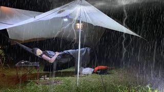 Solo Camping in Heavy Rain - Hammock Camping in a Thunderstorms‼️( Heavy RAIN)