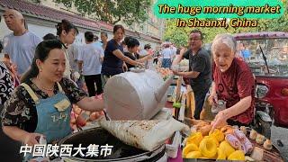 Huge morning market, delicious street food, Shaanxi, China / 4k