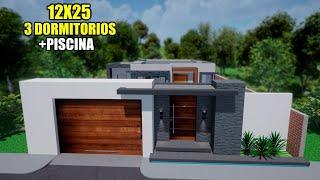 PLANO DE CASA 12X25 MODERNA 3 DORMITORIOS (RVL CASAS)