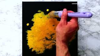 Yellow Tree on Black Canvas | Easy Oval Brush Painting Technique | for Beginners