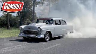 Gumout presents Hot Rod Heaven's coverage of a tire smokin’ ‘55 Pro Street Chevy