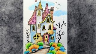 Dream House Pencil Drawing / Colored Pencils and Ink/ Landscape Scenery Drawing / Sketch Tutorial