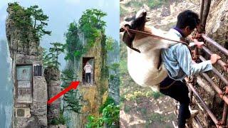 The most dangerou cliff road | Carrying animals up the cliff | China's most mysterious cliff village