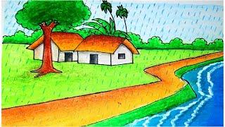 How to draw scenery of rainy season/landscape drawing step by step |draw Village Scenery Rainy Day