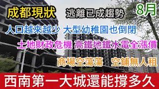 成都八月現狀：土地財政危機，高鐵地鐵水電全漲價，打工人逃離已成趨勢，人口越來越少，大型幼稚園也倒閉，商場空蕩蕩，空鋪無人租，西南第一大城還能撐多久？