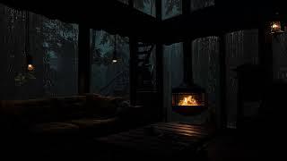 Rainy Night in Cozy Wooden Tree House | Rain and Fireplace for Relaxation