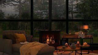 Cozy room ambience ASMR Rain on window sounds with crackling fire for sleep, study, relaxation.