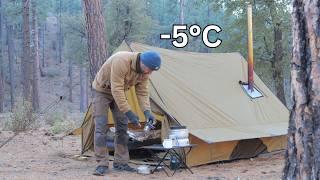 -5°C Hot Tent Camping with My Dog . Korean BBQ . Wood Stove Relaxing ASMR