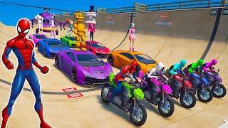 GTA V Colorful Spiderman Crazy Race By Motorbike | GTA 5 Superheroes Ramp Challenge