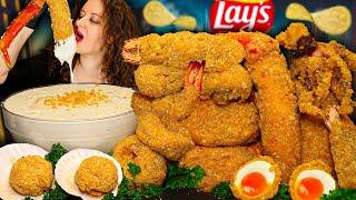 LAY'S CRUSTED KING CRAB SEAFOOD BOIL  CRUNCHY ASMR MUKBANG + ALFREDO SAUCE!