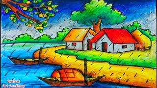 How to draw rainy season | rainy season drawing |rainy day drawing বর্ষাকালের দৃশ্য আঁকাBangla voice