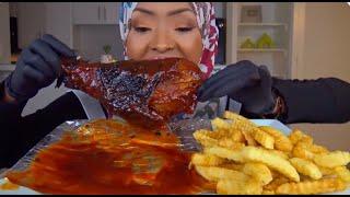 ASMR * SMOKED TURKEY LEG & FRENCH FRIES * اكل فخذ ديك رومي