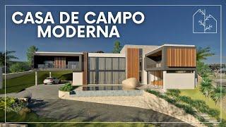 PROJETO CASA DA PEDRA | Casa de campo moderna com adega, lareira, 3 suítes e pé direito duplo