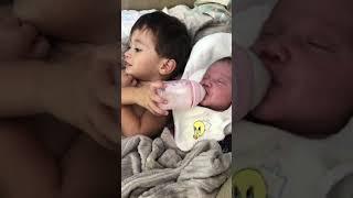 Big Brother Feeds Baby Sister️