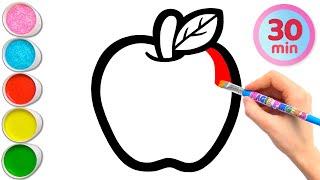 Disegnare, dipingere e colorare una mela e altri 8 frutti per bambini | Impara la frutta #309