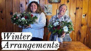 Winter Table Arrangements | foraged greens and store bought flowers