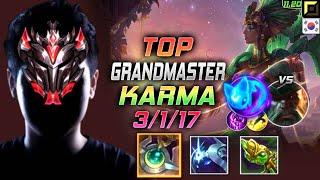 GrandMaster Karma TOP vs Gangplank - 천상계 장인 탑 카르마 템트리 룬 월석 콩콩이 カルマ Карма 天启者 卡瑪 - KR 11.20