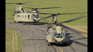  US Army Boeing CH 47 Chinook and AH64 Apache , test, start up and take off at Nancy airport