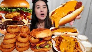 NATHAN'S FAMOUS CHILI CHEESE DOG MUKBANG! BBQ Bacon Tribeca Cheeseburger & Crispy Onion Rings ASMR