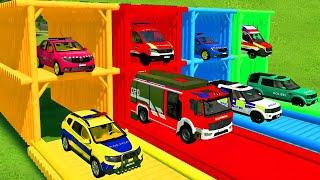 Garage With Colors - TRANSPORTING POLICE CARS, AMBULANCE VEHICLES and FIRE DEPARTMENT | FS22