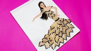 Collage painting art | dress drawing by waste material | Fashion illustration | pencil shaving art