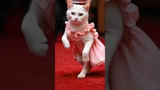 a white cute cat in pink stunning dress# cat dancing and standing on red carpet