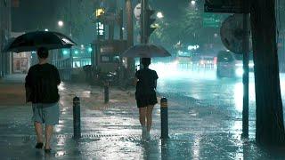 [Walking in the Rain] Seoul night street in heavy rain.