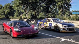 Forza Motorsport Drag race: NASCAR Next-Gen vs Gordon Murray T.50