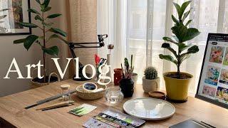 ART VLOGMy relaxing art routine / New brushes, studio makeover and watercolor painting