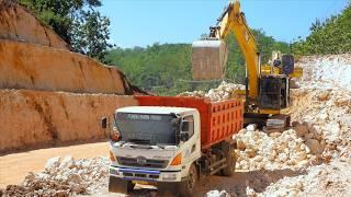 New Road Building Construction Excavator Dump Trucks Excavating Limestone Hills