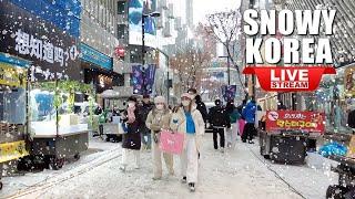 Live Korea Seoul   Walk Tour Seoul  Exciting Korea Night Street Walking | Snow Myeongdong Street