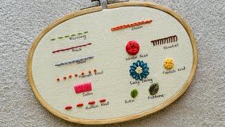 Must Learn 13 Hand Embroidery Basic Stitches for Beginners || Embroidery Tutorial for Beginners