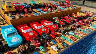 Disney Pixar Cars falling into deep pool, Lightning McQueen, Tow Mater, Mack, Sally, Francesco