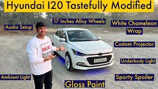 White Chameleon Wrapped Hyundai I20 | 17 Inches Alloy Wheels | Custom Projector | Audio Setup