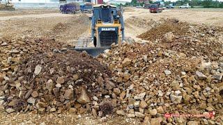 Best Shantui Bulldozer Work Pushing Stones And Dump Trucks Dumping Stones LandFilling Up Clean Ready