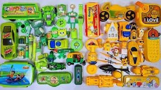 Green stationery vs yellow stationery - rc helicopter, pencil box, bubble gun, lunch box, sharpner