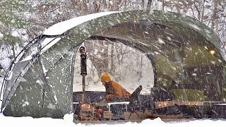 Non-stop snow solo camping l Cozy hot tent overnight l Winter mountain hiking