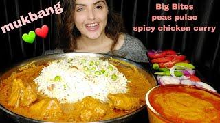 Mukbang Eating Show: Spicy chicken curry, Peas Pulao, Extra Gravy || Food Eating Videos || ASMR