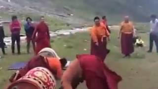 Tibetan Monk Rolling Over Drums Happy Monks Exercise