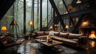 Smooth Jazz Instrumental Music - Cozy Attic House in Rainforest Ambience & Rain, Fireplace Sounds️