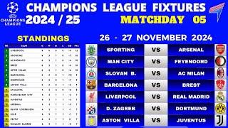 UCL FIXTURES TODAY - Matchday 5 • UCL Table Standings Today • CHAMPIONS LEAGUE FIXTURES 24/25