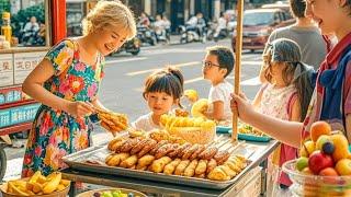 Asian street food: small business stalls, children and the elderly love to eat