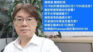 潘鐵珊-驕陽財經21/8如所講港股回吐至17250後怎走？熊證最新策略? 舜宇光學繼續看升？強勢換馬股繼續分享？外資減持京東系如何？期權及圖表9月7日開班！有興趣Whatsapp或致電68899180