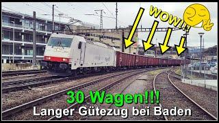 Güterzug mit 30 Wagen beim Bahnhof Baden im Kanton Aargau | Schweiz 2024