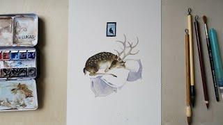 Watercolor Painting by Tinyfish | How to Paint a Little Mule Deer with watercolor?