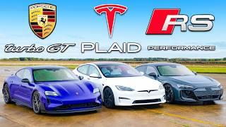 Porsche Taycan Turbo GT v Tesla v Audi RS GT: DRAG RACE