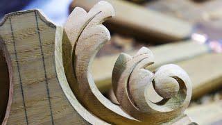 Ornament Wood Carving: How to make a Leaves Wooden Ornament. Carved wood shelf. time lapse.