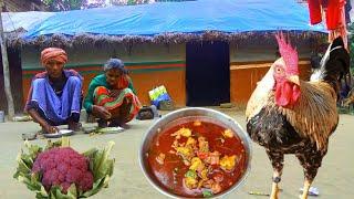 80years old grandma cooking COUNTRY CHICKEN curry with PURPLE CAULIFLOWER and eating with hot rice