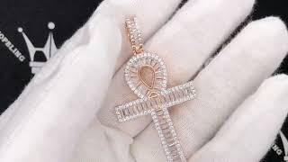 .925 Sterling Silver Rose Ankh Baguette CZ Iced Out Pendant | Hip Hop Bling | Egyptian Cross