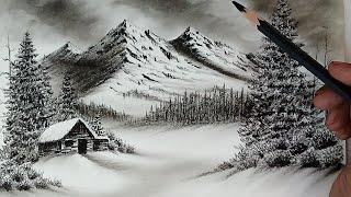 Time-lapse landscape Bob ross's style drawing with pencil.